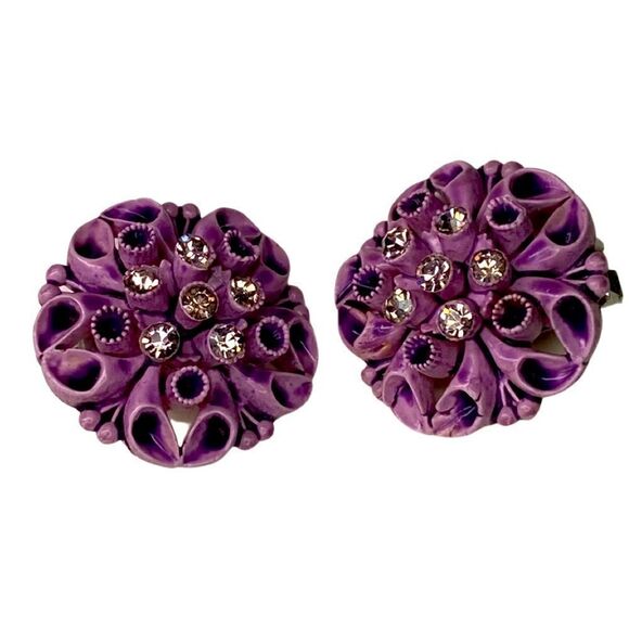Earrings – Vintage 1950s Purple Celluloid Rhinestone Featherweight Clip-Ons - Picture 1 of 2